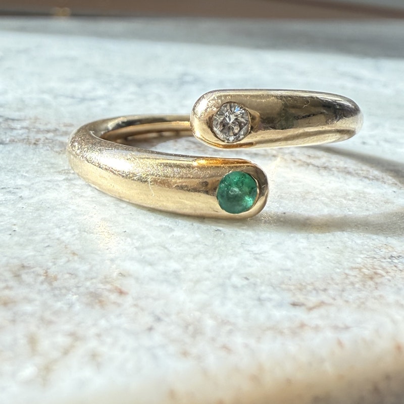 14k Yellow Gold Emerald and Diamond Spiral Bypass Ring