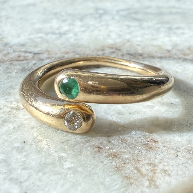 14k Yellow Gold Emerald and Diamond Spiral Bypass Ring