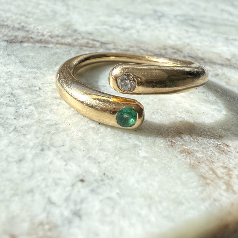 14k Yellow Gold Emerald and Diamond Spiral Bypass Ring