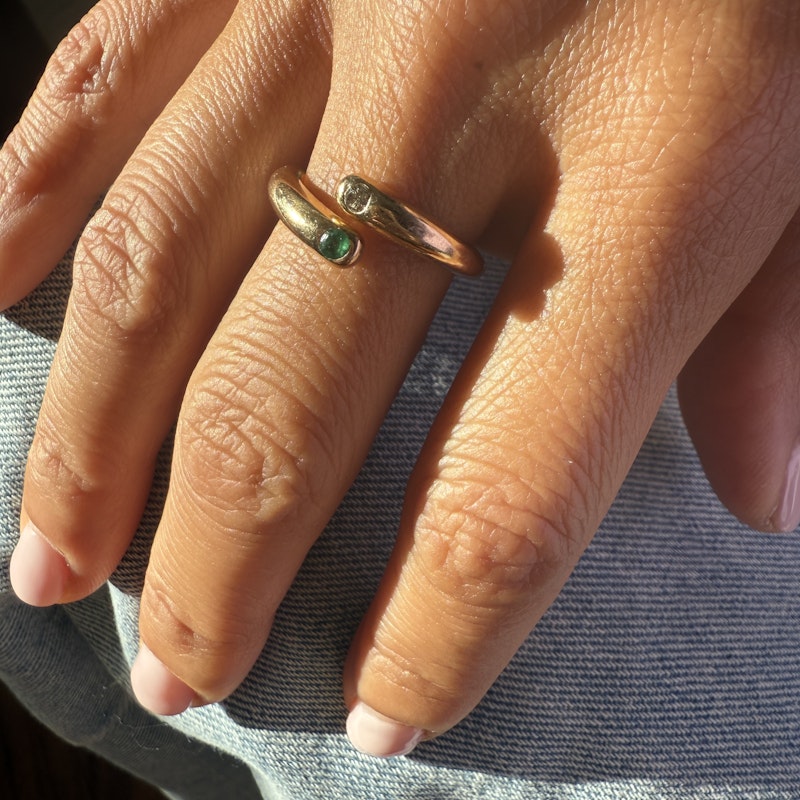 14k Yellow Gold Emerald and Diamond Spiral Bypass Ring