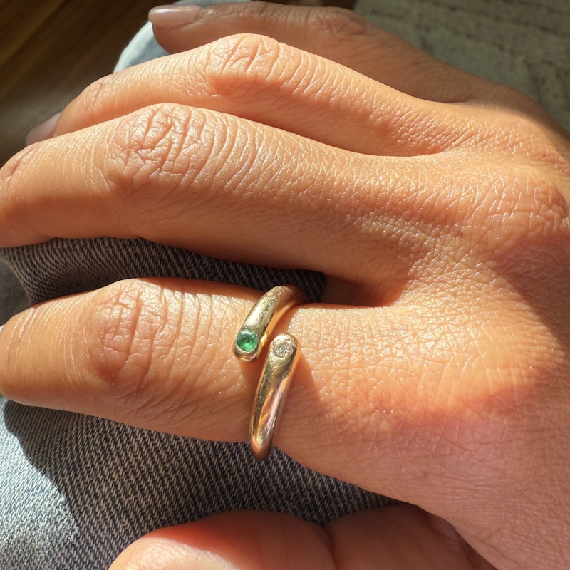 14k Yellow Gold Emerald and Diamond Spiral Bypass Ring