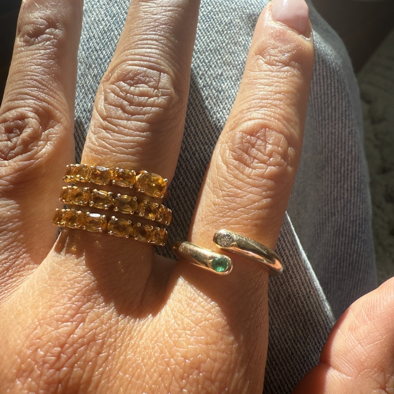14k Yellow Gold Emerald and Diamond Spiral Bypass Ring