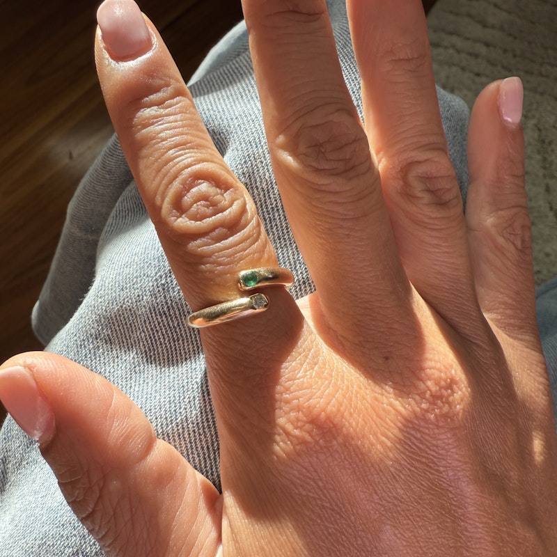 14k Yellow Gold Emerald and Diamond Spiral Bypass Ring