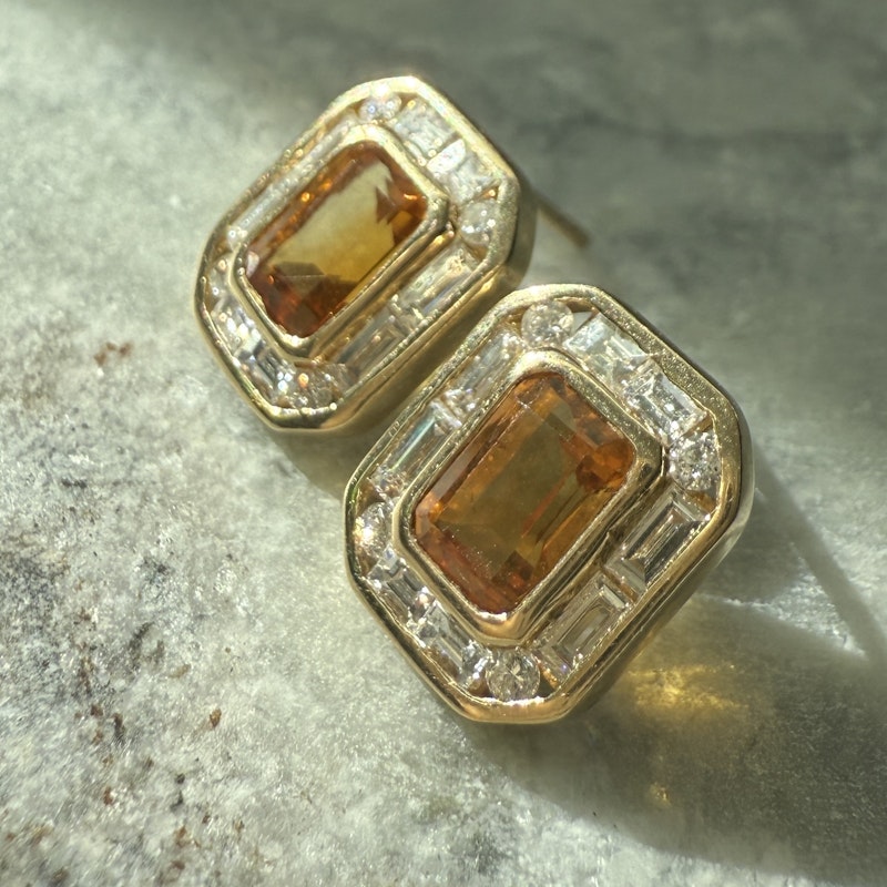 14k Yellow Gold Emerald Cut Citrine and Diamond Stud Earrings