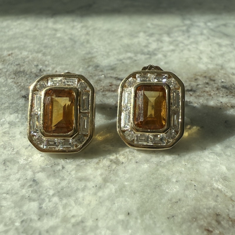14k Yellow Gold Emerald Cut Citrine and Diamond Stud Earrings