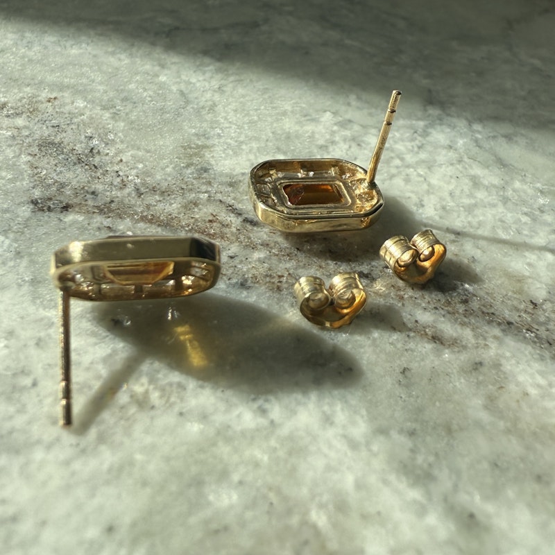 14k Yellow Gold Emerald Cut Citrine and Diamond Stud Earrings