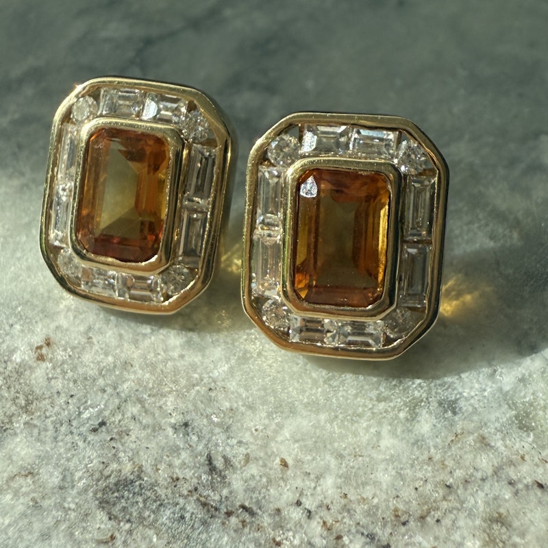 14k Yellow Gold Emerald Cut Citrine and Diamond Stud Earrings