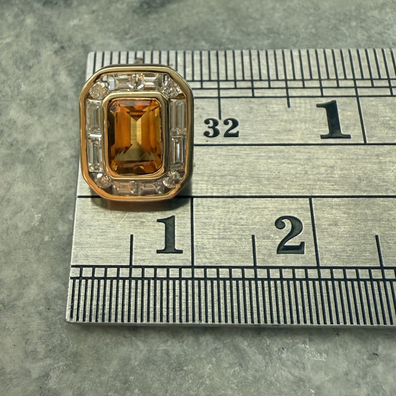 14k Yellow Gold Emerald Cut Citrine and Diamond Stud Earrings
