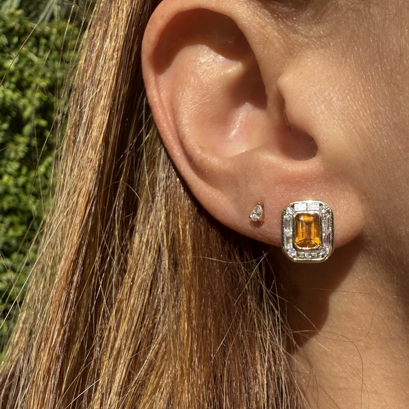 14k Yellow Gold Emerald Cut Citrine and Diamond Stud Earrings