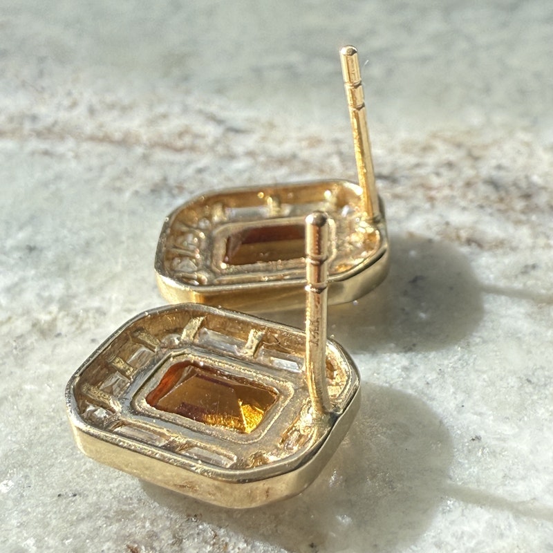 14k Yellow Gold Emerald Cut Citrine and Diamond Stud Earrings