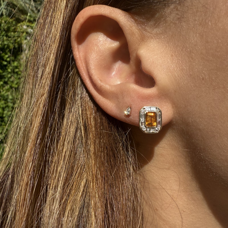 14k Yellow Gold Emerald Cut Citrine and Diamond Stud Earrings
