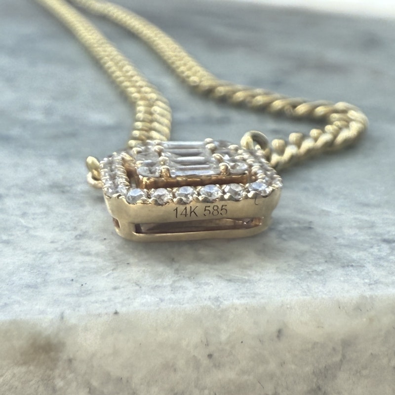 14k Yellow Gold Rectangle Diamond Halo Pendant Curb Chain Necklace