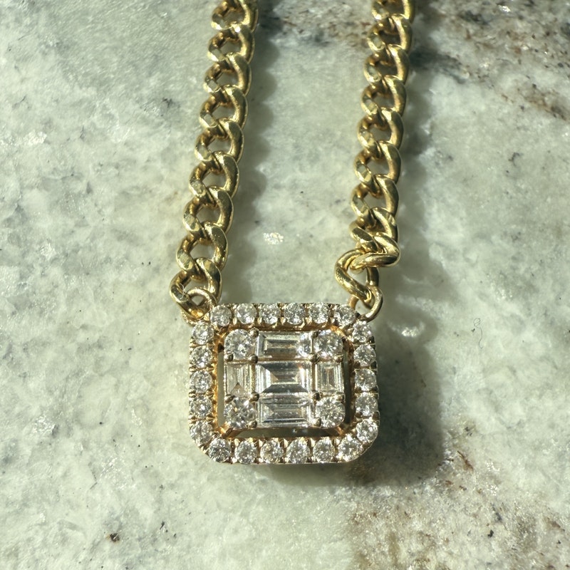 14k Yellow Gold Rectangle Diamond Halo Pendant Curb Chain Necklace