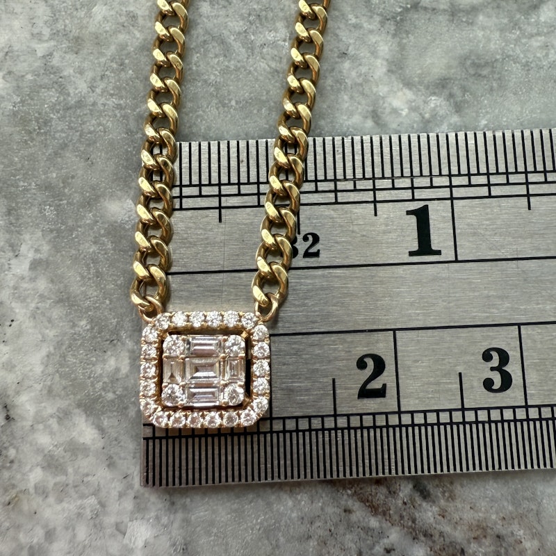 14k Yellow Gold Rectangle Diamond Halo Pendant Curb Chain Necklace