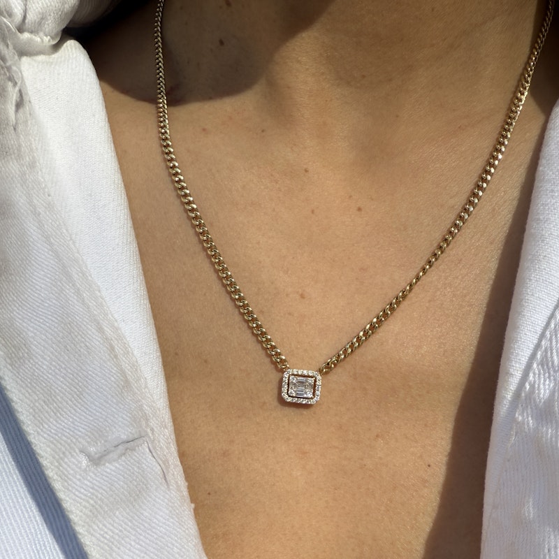 14k Yellow Gold Rectangle Diamond Halo Pendant Curb Chain Necklace