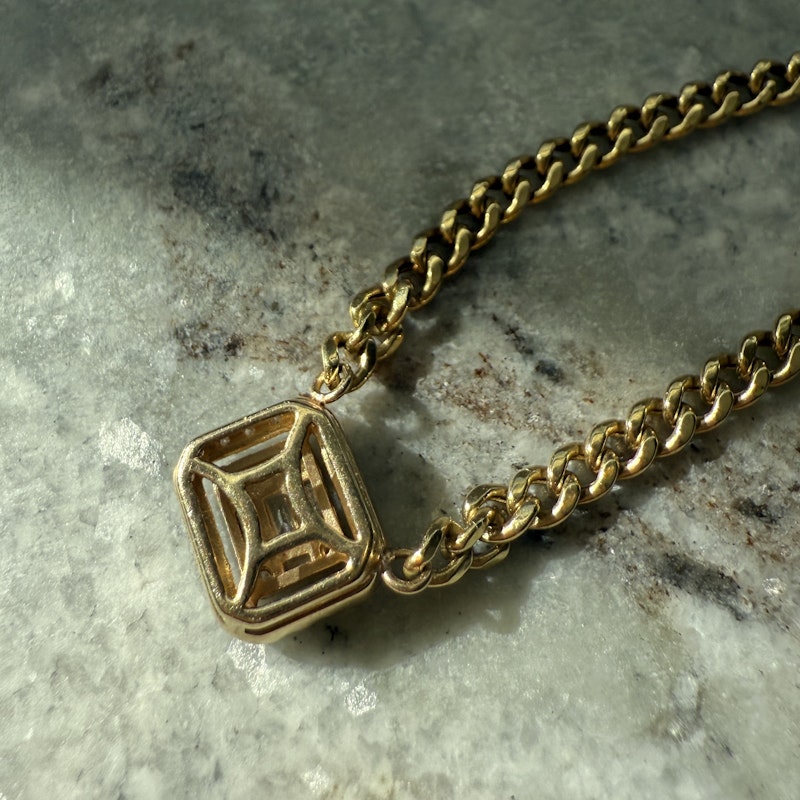 14k Yellow Gold Rectangle Diamond Halo Pendant Curb Chain Necklace