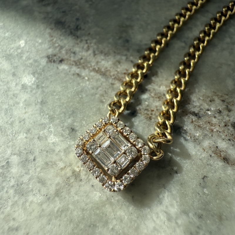 14k Yellow Gold Rectangle Diamond Halo Pendant Curb Chain Necklace