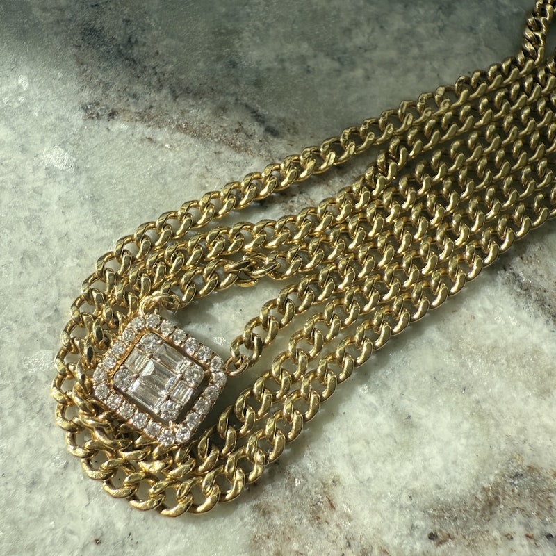 14k Yellow Gold Rectangle Diamond Halo Pendant Curb Chain Necklace