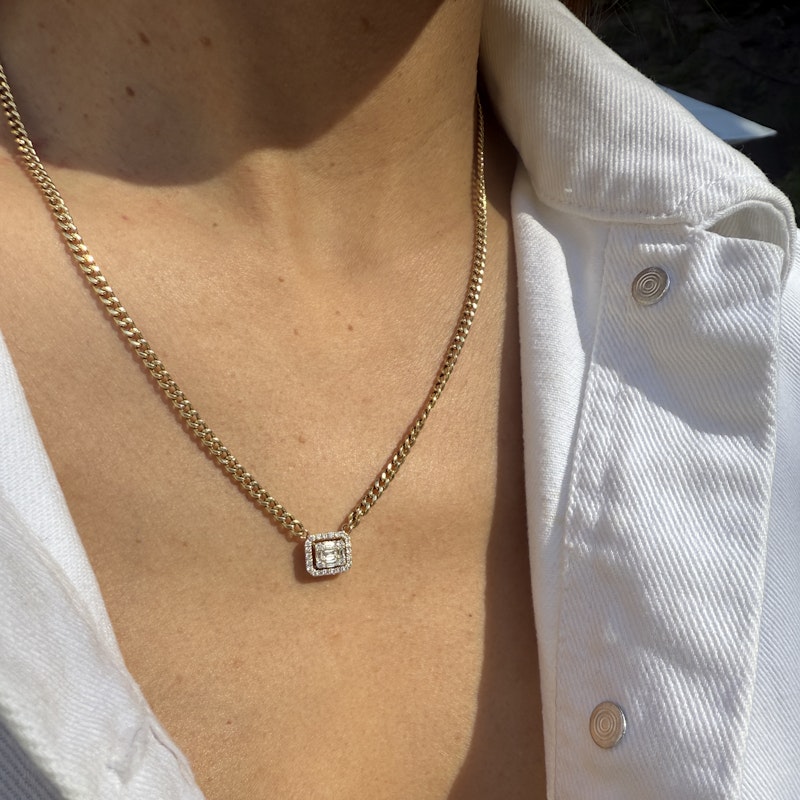 14k Yellow Gold Rectangle Diamond Halo Pendant Curb Chain Necklace