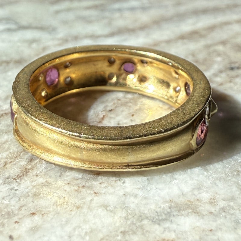 Vintage 18k Yellow Gold Rubilight and Diamond Pyramid Ring