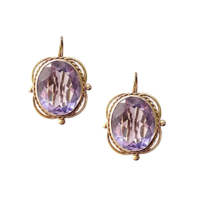 14k Yellow Gold Oval Amethyst Drop Earrings