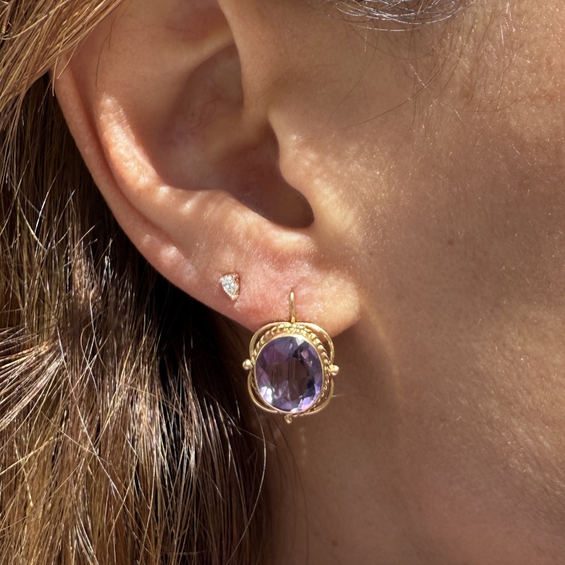 14k Yellow Gold Oval Amethyst Drop Earrings