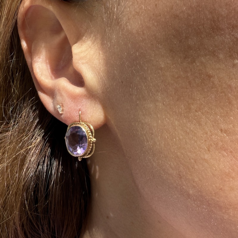 14k Yellow Gold Oval Amethyst Drop Earrings