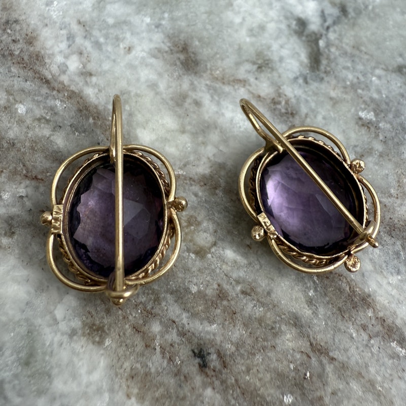 14k Yellow Gold Oval Amethyst Drop Earrings