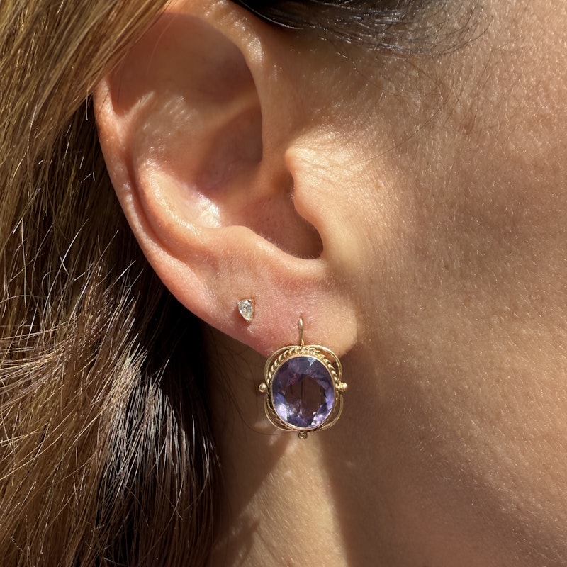 14k Yellow Gold Oval Amethyst Drop Earrings