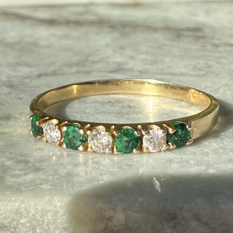 14k Yellow Gold Emerald and Diamond Band Ring