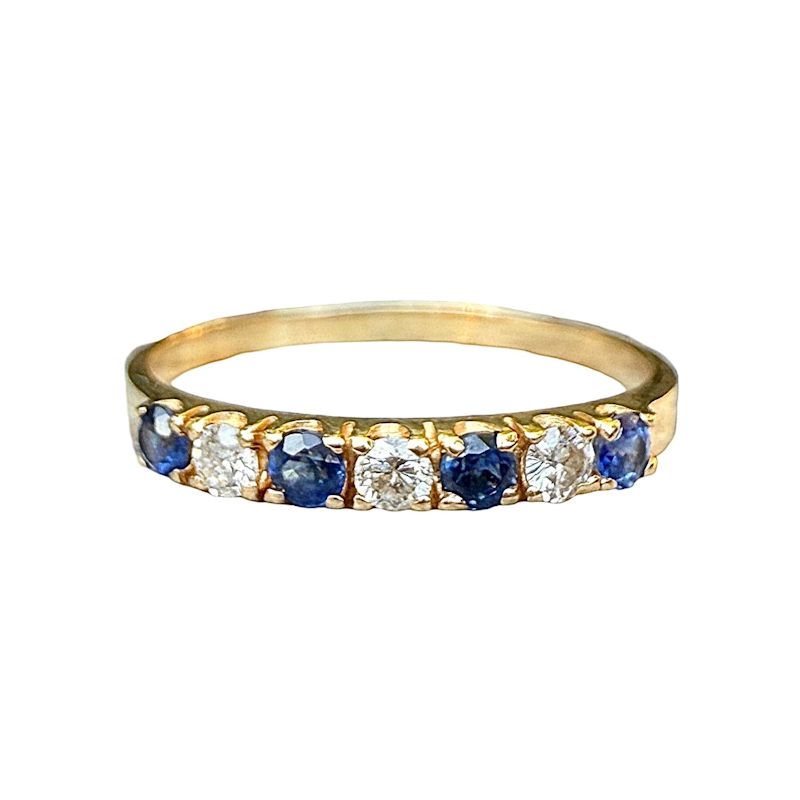 14k Yellow Gold Blue Sapphire and Diamond Band Ring