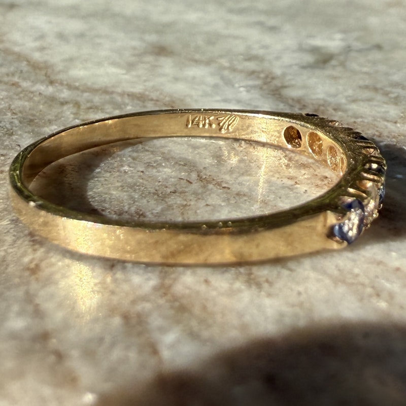 14k Yellow Gold Blue Sapphire and Diamond Band Ring