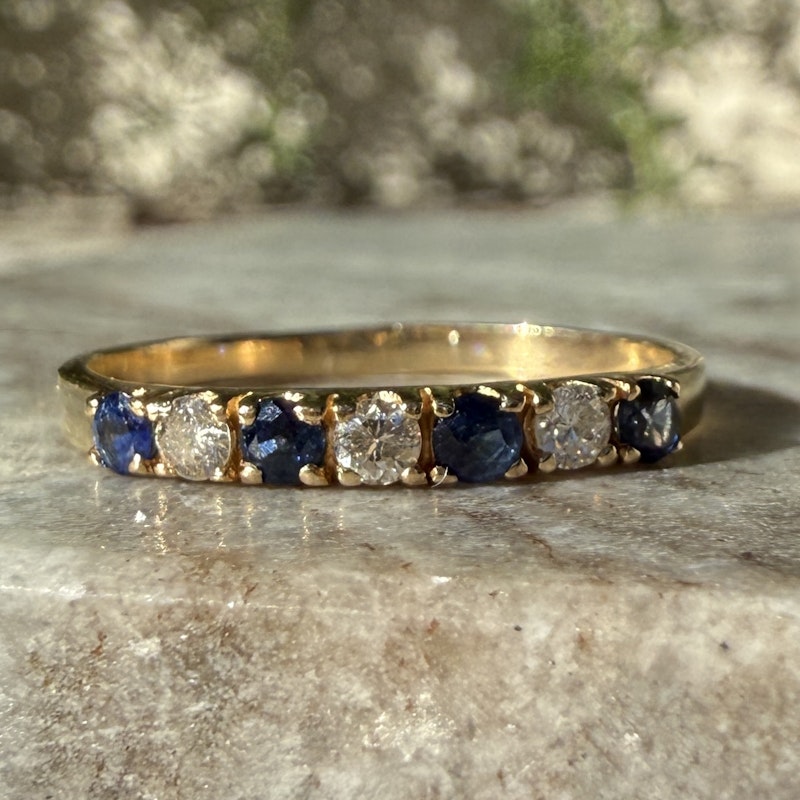 14k Yellow Gold Blue Sapphire and Diamond Band Ring