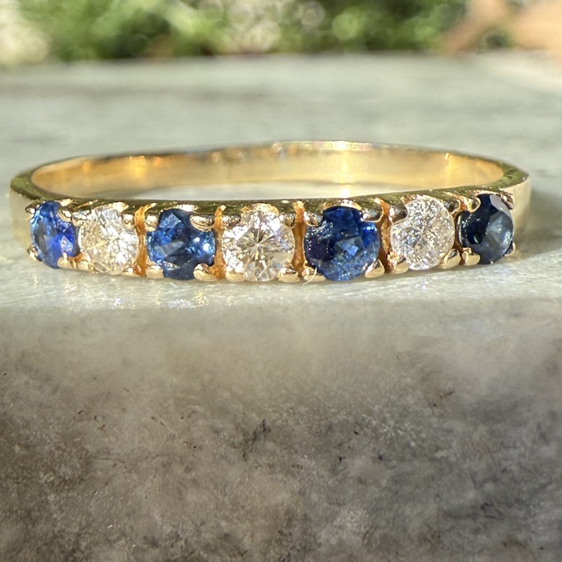14k Yellow Gold Blue Sapphire and Diamond Band Ring