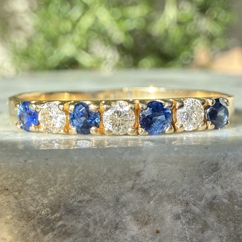 14k Yellow Gold Blue Sapphire and Diamond Band Ring