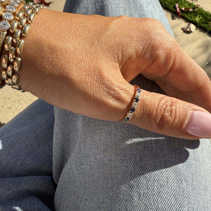 14k Yellow Gold Blue Sapphire and Diamond Band Ring