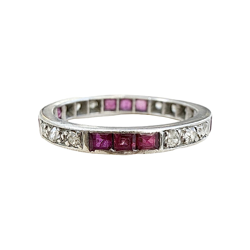 Vintage Art Deco 18k White Gold Ruby and Diamond Eternity Ring