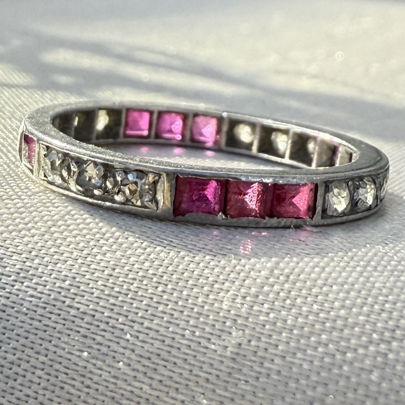 Vintage Art Deco 18k White Gold Ruby and Diamond Eternity Ring