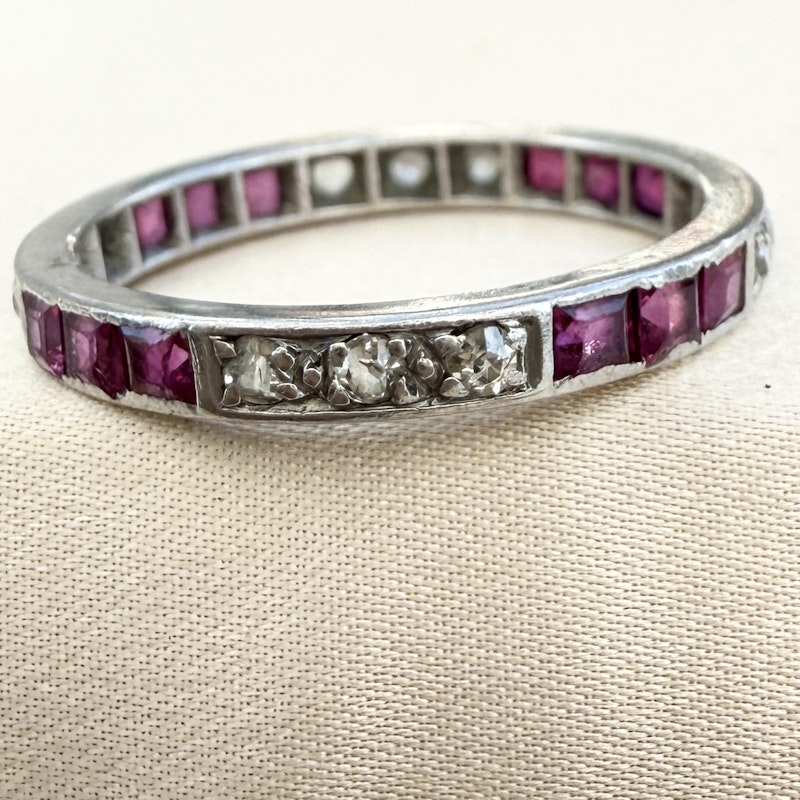 Vintage Art Deco 18k White Gold Ruby and Diamond Eternity Ring
