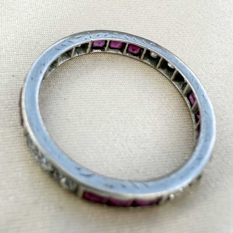 Vintage Art Deco 18k White Gold Ruby and Diamond Eternity Ring