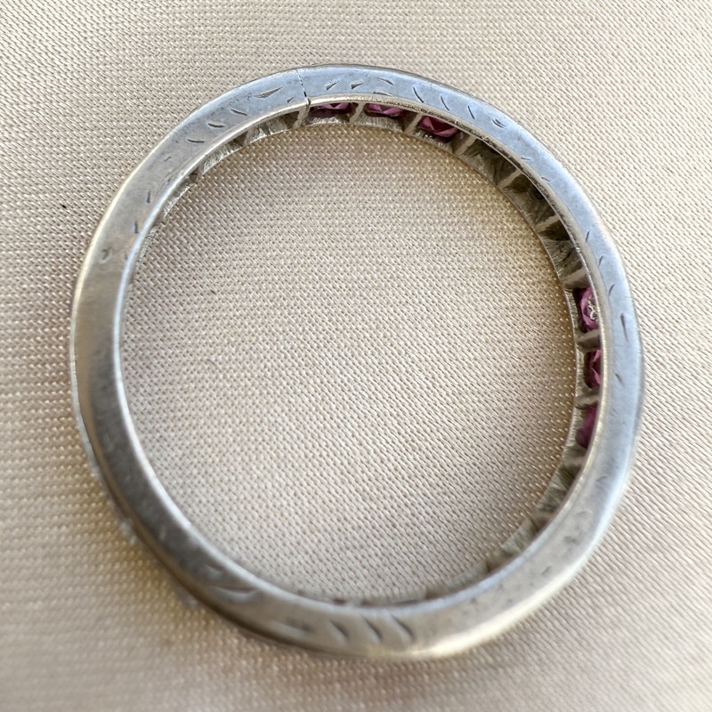 Vintage Art Deco 18k White Gold Ruby and Diamond Eternity Ring