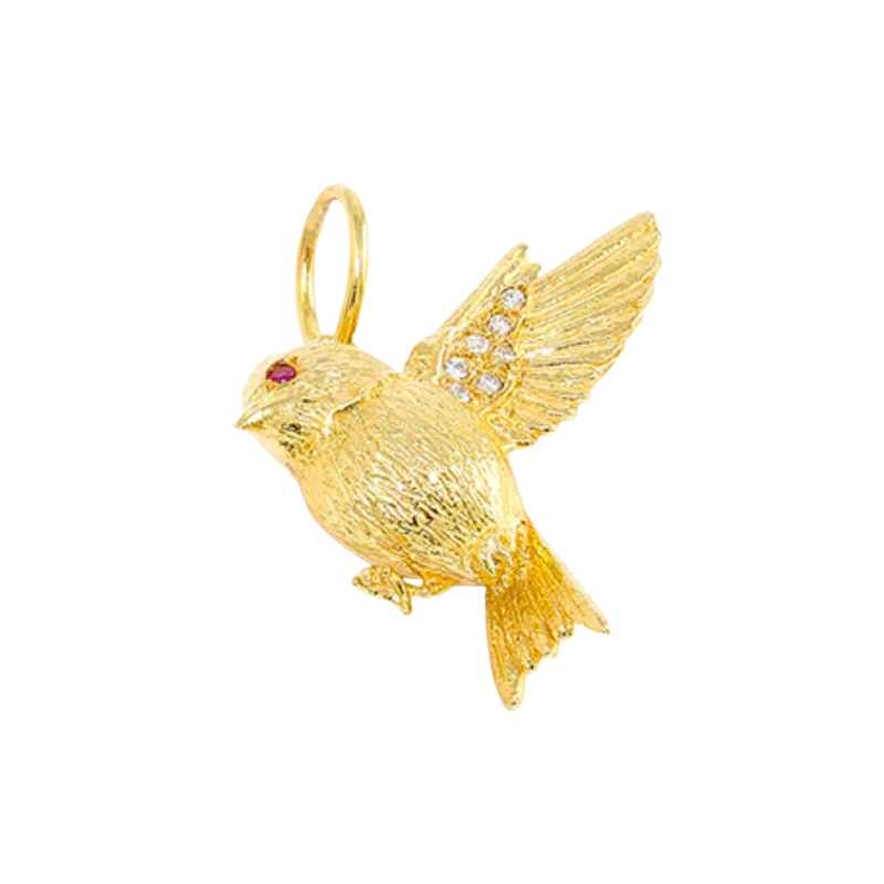 Jenna Blake 18k Yellow Gold Diamond and Ruby Swallow Charm