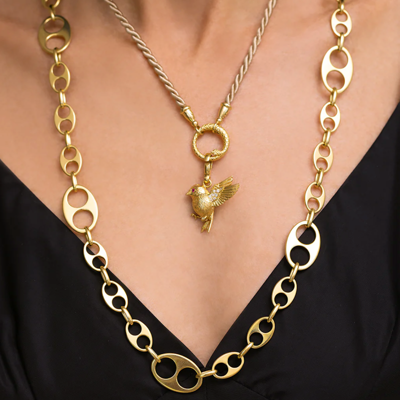Jenna Blake 18k Yellow Gold Diamond and Ruby Swallow Charm
