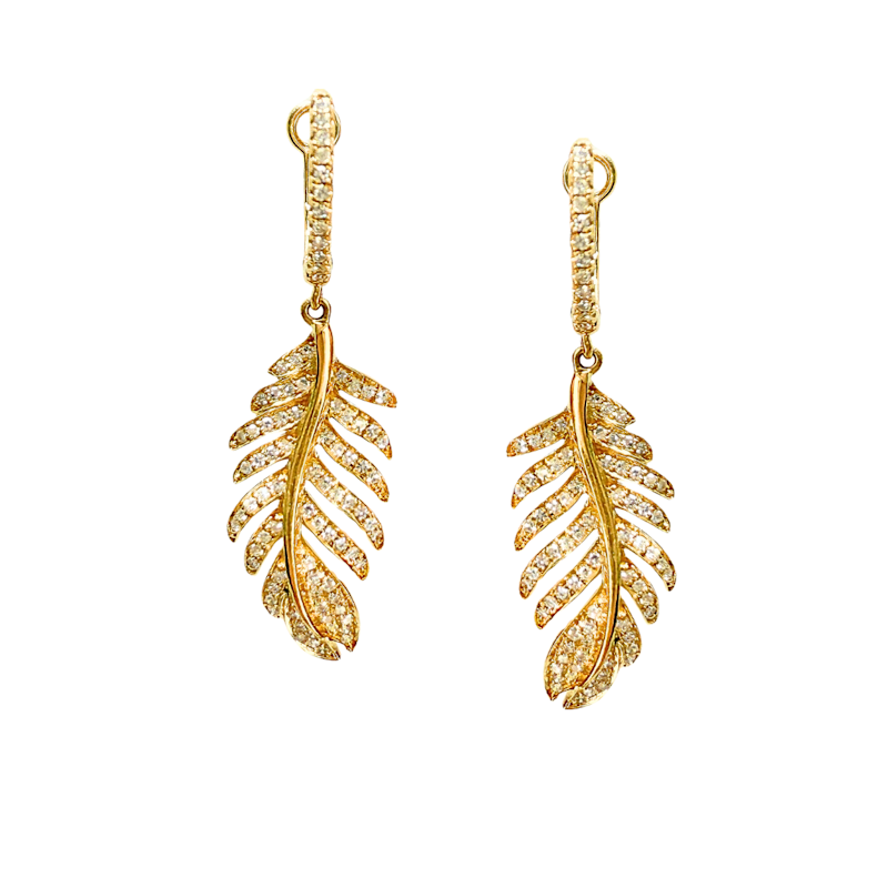 14k Yellow Gold Diamond Feather Drop Earrings