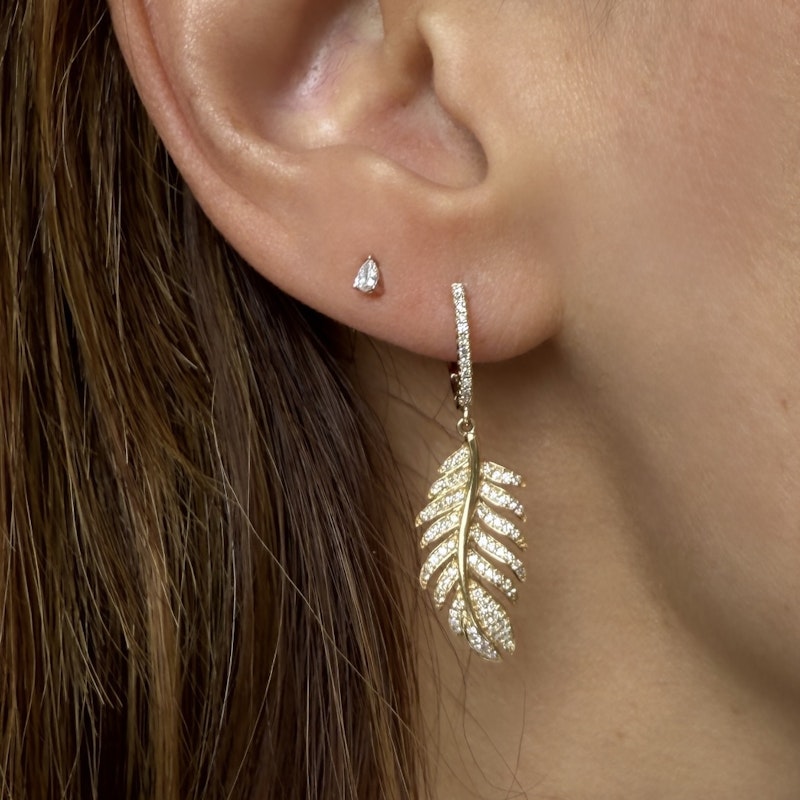 14k Yellow Gold Diamond Feather Drop Earrings
