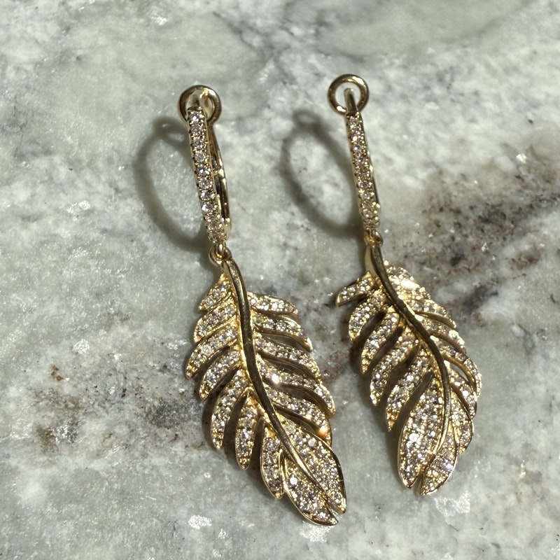 14k Yellow Gold Diamond Feather Drop Earrings
