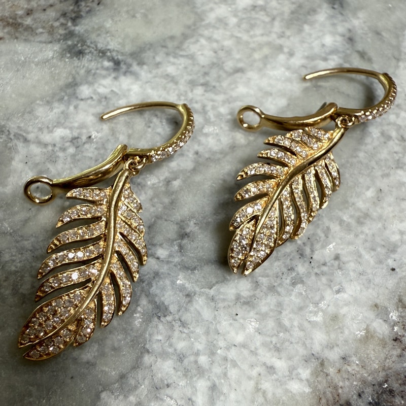 14k Yellow Gold Diamond Feather Drop Earrings