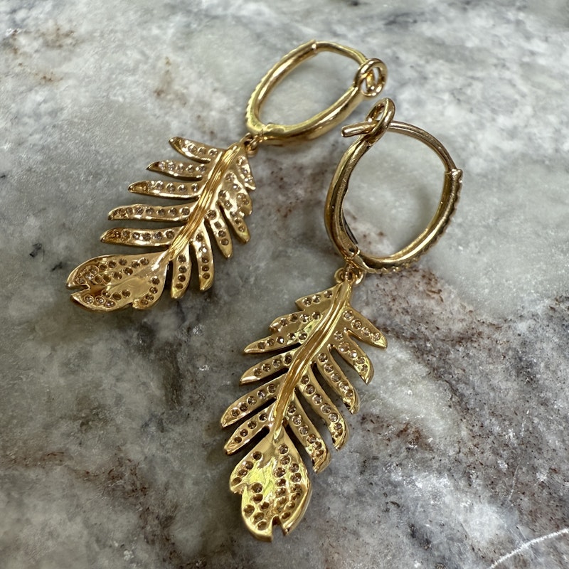 14k Yellow Gold Diamond Feather Drop Earrings