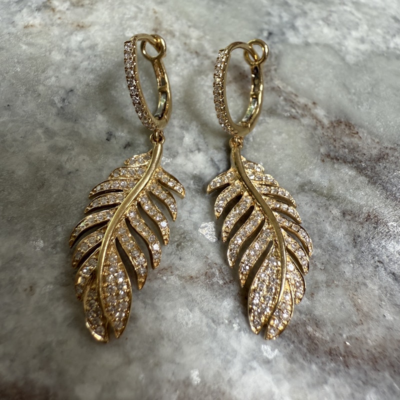 14k Yellow Gold Diamond Feather Drop Earrings