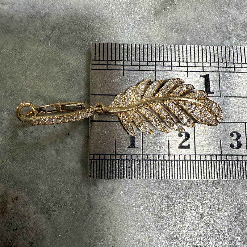 14k Yellow Gold Diamond Feather Drop Earrings